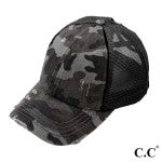 Distressed CC Camo Criss-Cross High PonyTail Cap with Mesh Back