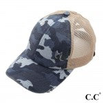 Distressed CC Camo Criss-Cross High PonyTail Cap with Mesh Back