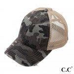 Distressed CC Camo Criss-Cross High PonyTail Cap with Mesh Back