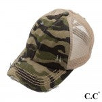 Distressed CC Camo Criss-Cross High PonyTail Cap with Mesh Back