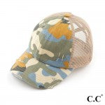 Distressed CC Camo Criss-Cross High PonyTail Cap with Mesh Back